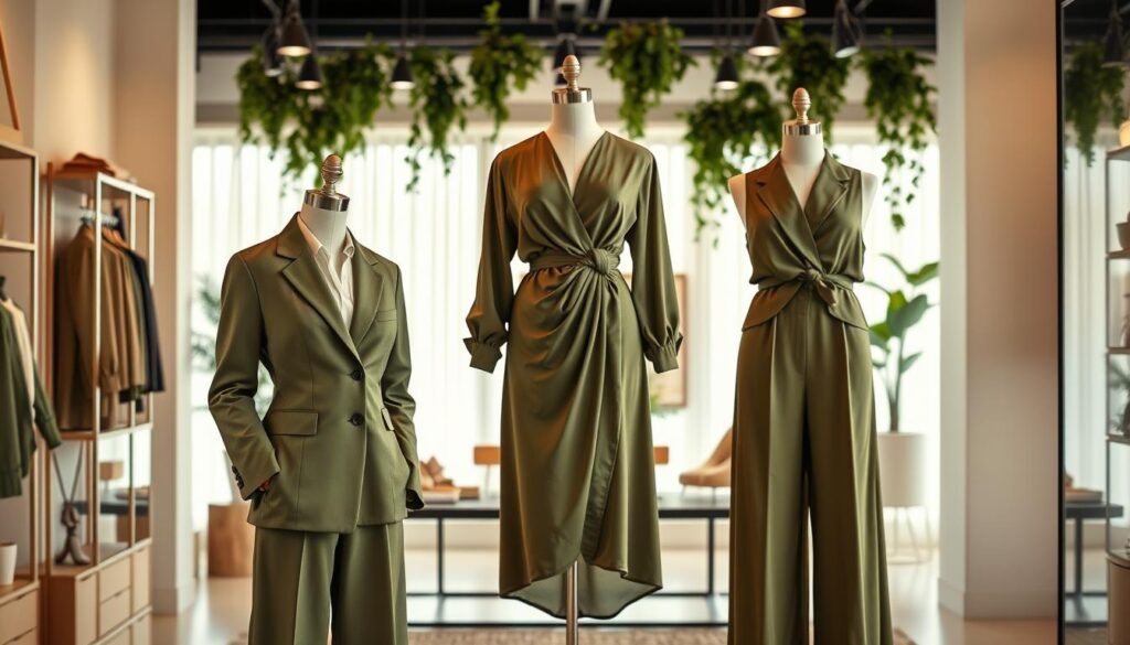 A collection of stylish olive green outfits arranged artfully on mannequins in an elegant boutique setting. In the foreground, focus on a well-tailored olive green blazer, paired with chic high-waisted trousers, and a flowing, sophisticated blouse. In the middle, incorporate a beautifully draped olive green dress that showcases a vintage-inspired silhouette. In the background, soft natural light bathes the scene, enhancing the textures of the fabrics. The boutique is adorned with minimalist decor and greenery, creating a serene and fashionable atmosphere. Capture this scene from a slightly elevated angle, highlighting the harmony of the outfits and the sophistication of the setting. The overall mood should exude elegance and timeless style, reflecting the rich history and resurgence of olive green in fashion.