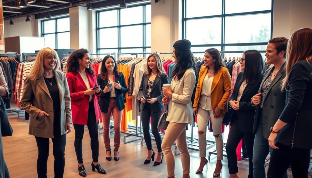 A dynamic fashion scene showcasing up-and-coming styles in La Rancho Cucamonga. In the foreground, a group of diverse local fashion experts, dressed in trendy yet professional attire, engages in animated conversation, showcasing their unique styles—ranging from tailored blazers to chic casual wear. The middle ground features vibrant clothing racks filled with colorful garments, accessories, and shoes, reflecting the latest trends. In the background, a stylish boutique with large windows allows natural light to flood the scene, highlighting the textures of the fabrics. The atmosphere is lively and inviting, with a hint of sophistication, enhanced by warm lighting that casts soft shadows. The composition is shot from a slightly elevated angle, capturing the vibrant energy of fashion innovation.