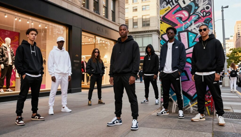 A dynamic urban scene showcasing high-end streetwear fashion in the foreground, featuring diverse models wearing sleek, modern streetwear outfits, complete with oversized hoodies, tailored joggers, and designer sneakers. The models exude a confident, stylish demeanor, posing against an artistic graffiti wall. In the middle ground, upscale boutique storefronts display premium streetwear brands, with vibrant window displays spotlighting the latest collections. The background features a bustling cityscape, with soft afternoon sunlight casting warm, inviting hues, creating a lively yet sophisticated atmosphere. Shot at eye level with a wide-angle lens to capture the scene's vibrancy, the overall mood is trendy and urban, highlighting the intersection of fashion and street culture.