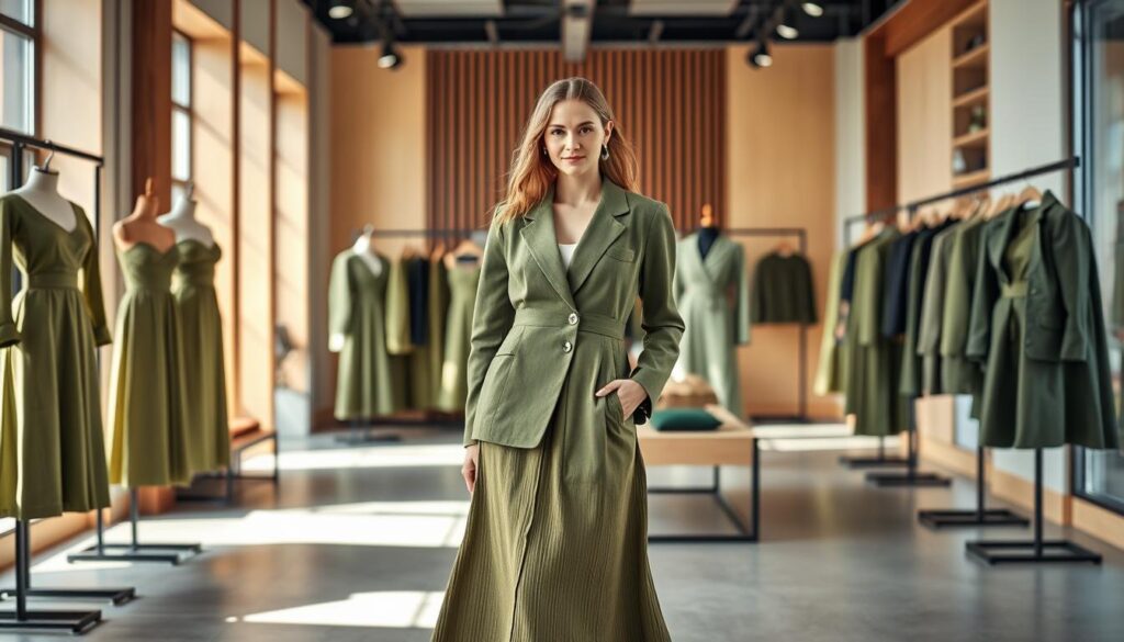 A fashionable model poses confidently in the foreground, showcasing a stylish olive green outfit that blends contemporary and classic elements, such as a tailored blazer paired with a flowing midi skirt. The model wears subtle accessories in complementary tones, adding a touch of elegance. In the middle ground, a modern boutique displays various olive green garments, including dresses and jackets, neatly arranged on racks and mannequins. The store interior features warm wooden accents and minimalist décor, enhancing the chic ambiance. In the background, soft natural light streams through large windows, creating a welcoming atmosphere. The overall mood is vibrant yet sophisticated, perfect for illustrating the latest trend in olive green fashion for 2026, inviting viewers to explore stylish shopping options.
