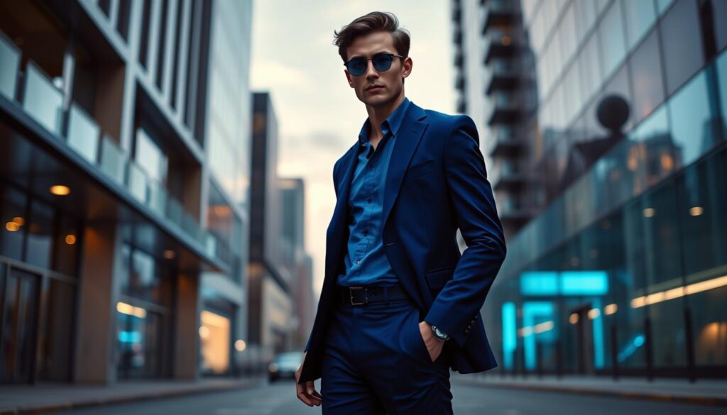 A fashionable model wearing trendsetting cobalt blue attire stands confidently in the foreground, showcasing a sophisticated ensemble comprising a tailored blazer and elegant trousers. The middle layer features a stylish urban setting, with sleek, modern architecture flanking the model, reflecting an aspirational lifestyle. In the background, a soft-focus cityscape glows under dusk lighting, casting a serene blue hue across the scene, enhancing the cobalt tones. The mood is vibrant yet calming, symbolizing confidence and tranquility associated with the color. Shot with a 50mm lens at eye level, capturing the model in a three-quarter angle to highlight the outfit's details while maintaining an inviting atmosphere. The image is free of any text or distractions, focused solely on the cobalt blue fashion statement.