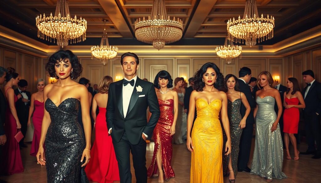 A glamorous 1980s evening wear scene, featuring a diverse group of stylish individuals dressed in iconic fashion from the era. In the foreground, a woman in a full-length sequined gown with bold shoulder pads stands confidently, her hair styled in a voluminous, curly look. Next to her, a man in a fitted tuxedo with a dramatic bow tie showcases the sleek silhouettes of the time. The middle ground includes additional attendees in vibrant cocktail dresses and tailored suits, all adorned with statement accessories. The background captures a lavish ballroom with shimmering chandeliers, soft golden lighting, and a dance floor, evoking a sense of celebration and extravagance. The atmosphere is lively and nostalgic, inviting viewers to relive the glamour of 1980s evening wear.