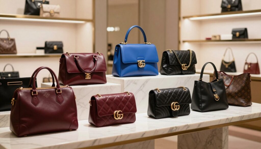 A luxurious display of high-end designer handbags elegantly arranged on a marble counter in a chic boutique. The foreground features a variety of authentic leather handbags from top brands like Louis Vuitton, Chanel, and Gucci, showcasing a mix of classic and trendy styles in rich colors such as deep burgundy, royal blue, and sophisticated black. In the middle ground, soft spotlighting illuminates the handbags while casting gentle shadows, enhancing their textures and details. In the background, the boutique's tasteful decor includes minimalistic shelving with fashion accessories and soft, ambient lighting that creates a warm and inviting atmosphere. The overall mood is one of elegance and exclusivity, enticing customers with the allure of luxury shopping.