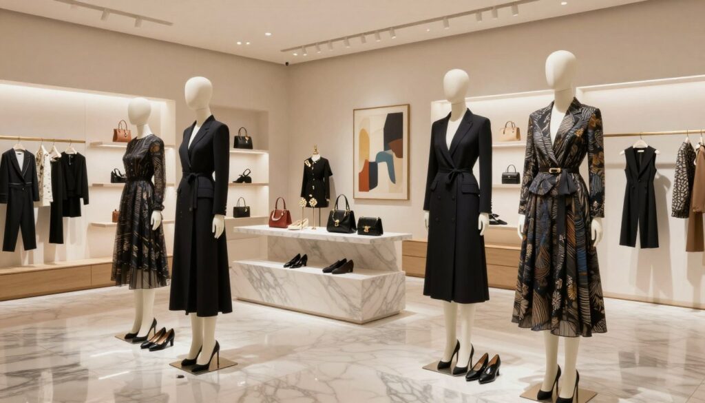 A luxurious fashion showcase featuring a beautifully arranged display of exclusive women's designer brands. In the foreground, elegant mannequins dressed in sophisticated, high-end outfits made from fine fabrics and intricate details. The middle ground showcases an artfully designed boutique interior, with polished marble floors and modern lighting that highlights various luxury accessories like handbags, shoes, and jewelry. The background includes abstract art pieces and soft, ambient lighting, creating an atmosphere of elegance and creativity. The scene conveys a refined blend of fashion and art, inviting the viewer to appreciate the craftsmanship and artistry involved in luxury fashion. The mood is upscale and inspirational, echoing the theme of style elevation in a gallery-like setting.
