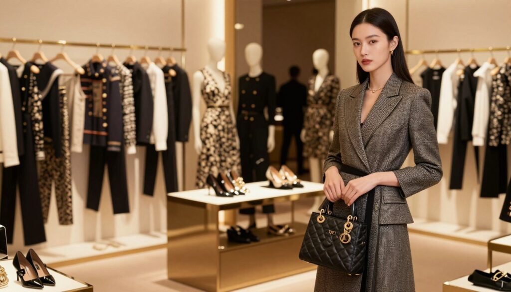 A sophisticated display of top luxury women's fashion designers, showcasing elegant garments and accessories. In the foreground, a well-dressed female model in an upscale, tailored outfit holds a designer handbag, exuding confidence. The middle ground features a stylish boutique setting decorated with chic clothing racks displaying high-end fashion pieces. The background includes soft-focus silhouettes of other models clad in luxurious attire, creating an atmosphere of exclusivity and elegance. The lighting is warm and inviting, with gentle highlights reflecting off glossy fabrics. The image captures a sense of opulence and high fashion, emphasizing sophistication and style as essential elements of the luxury fashion world. Shot from a slightly elevated angle to provide a dynamic view of the scene.