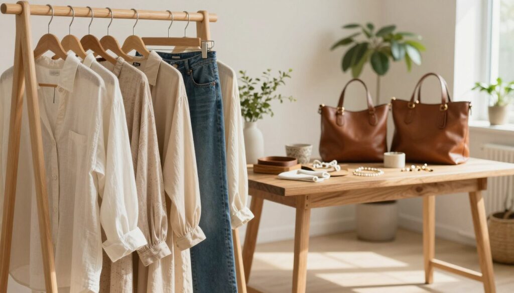 A stylish and inviting scene showcasing a capsule wardrobe organized with various ethical fashion labels. In the foreground, neatly arranged clothing items such as organic cotton shirts, recycled fabric dresses, and sustainable denim hang from a minimalist wooden rack. The middle ground includes an elegant wooden table displaying eco-friendly accessories like cruelty-free leather handbags and handmade jewelry. The background features a soft, neutral-toned wall adorned with greenery, creating a calming atmosphere. Natural light pours in from a nearby window, casting gentle shadows and illuminating the textures of the fabrics. The mood is fresh and inspiring, embodying the essence of conscious living and sustainable fashion.