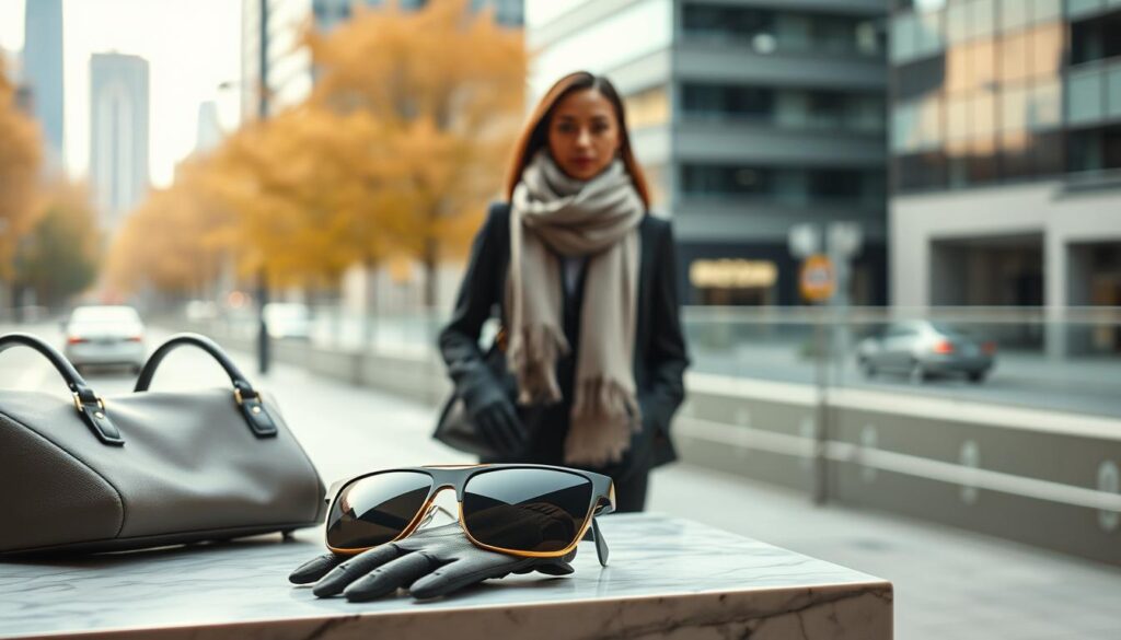 A stylish array of must-have accessories for 2026, including a lightweight, weather-resistant handbag, elegant sunglasses with a futuristic design, and a chic, multifunctional scarf that adapts to seasonal changes. In the foreground, display a pair of fashionable gloves crafted from sustainable materials, set atop a sleek marble surface. The middle layer features a well-dressed model in modest, professional attire, wearing the scarf and carrying the handbag, standing confidently against a softly blurred urban backdrop showcasing a seasonal cityscape. Gentle, diffused lighting creates a warm atmosphere, accentuating the subtle textures of the accessories while casting soft shadows. The overall mood is modern and sophisticated, emphasizing functionality and elegance, perfect for adapting to varying weather conditions.