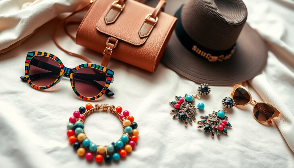 A stylish flat lay composition featuring an array of iconic statement accessories that define fashionable trends. In the foreground, showcase an oversized pair of colorful sunglasses, a bold chunky necklace, and a pair of statement earrings, all arranged artistically. In the middle, include a chic handbag with unique embellishments and a wide-brimmed hat that adds a touch of elegance. The background should be a soft, neutral fabric to ensure the accessories pop, with gentle diffused lighting highlighting their textures and colors. Implement a shallow depth of field to focus on the accessories while softly blurring the background. The atmosphere should evoke creativity and sophistication, embodying the spirit of modern fashion trends and making the accessories the focal point of this vibrant visual narrative.