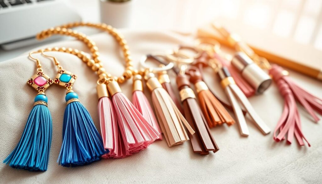 A stylish flat lay composition of various tassel accessories arranged artfully on a soft, textured fabric background. Foreground features colorful tassel earrings in vibrant shades of blue, pink, and gold, paired with a chic tassel necklace cascading elegantly. In the middle ground, an assortment of tassel keychains and handbag charms in assorted materials, such as leather and silk, enhancing the fashion appeal. The background is softly blurred, showcasing a subtle hint of a modern, chic workspace setting with a hint of warm, diffused natural light creating an inviting atmosphere. Use a macro lens perspective to capture the intricate details of each accessory, emphasizing texture and color vibrancy for an eye-catching visual presentation. The overall mood is trendy and aspirational, perfect for showcasing the must-have fashion items for the upcoming trend.