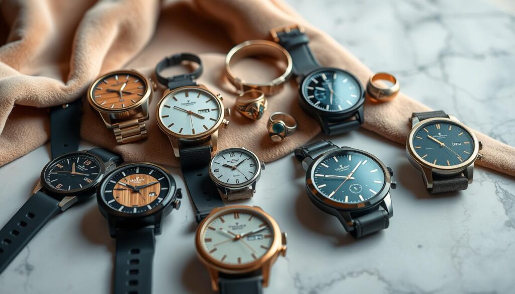 A stylish flat lay featuring creative watches that go beyond traditional timekeeping. In the foreground, an array of futuristic watches with unique designs, including smart features, artistic dials, and unconventional materials like recycled wood and transparent elements. The middle layer includes fashionable accessories like bracelets and rings that complement the watches, showcasing a blend of elegance and innovation. The background is softly blurred, incorporating luxurious textures, such as velvet or marble, with muted pastel colors to enhance the modern aesthetic. Soft, diffused lighting highlights the watches' intricate details and adds a warm atmosphere, while a 50mm lens perspective emphasizes depth. The mood is trendy and sophisticated, inviting viewers to explore the future of accessories in 2026.