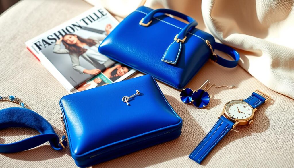 A stylish flat lay showcasing a collection of cobalt blue accessories, including a sleek handbag, delicate earrings, and a modern watch. The foreground features these items artfully arranged on a textured, neutral-colored surface that contrasts with the vibrant cobalt blue. In the middle ground, a fashion magazine partially visible, hinting at the trend's context. The background consists of an elegant fabric or wall, softly blurred, to enhance focus on the accessories. Soft natural lighting illuminates the scene, creating a chic and inviting atmosphere, while a shallow depth of field emphasizes the rich textures and colors of the cobalt blue items. The overall mood is sophisticated and trendy, embodying the essence of contemporary fashion style.