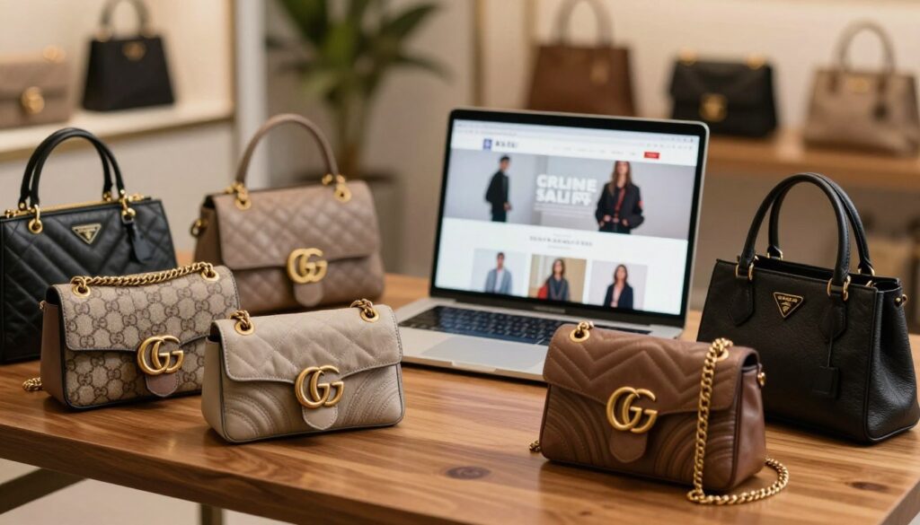 A stylish online shopping scene featuring a diverse array of authentic designer handbags on display. In the foreground, a polished wooden table displays various high-end handbags with intricate designs, textures, and colors, showcasing brands like Chanel, Gucci, and Prada. The middle ground features a blurred laptop screen open to a high-fashion website, emphasizing an online sale atmosphere. The background is softly illuminated with warm lighting, hinting at a cozy and inviting home office or boutique setting. A potted plant adds a touch of freshness. The overall mood is elegant and sophisticated, evoking a sense of excitement about luxury handbag sales. The image should be free of any text or watermarks.