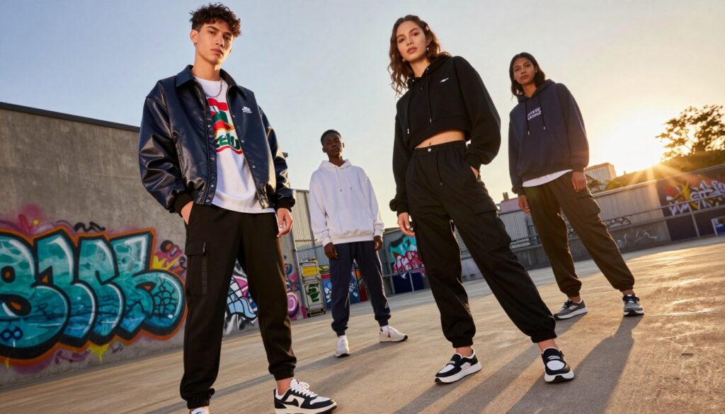 A stylish urban scene featuring a diverse group of three people showcasing premium streetwear clothing. In the foreground, a confident young man in a polished oversized jacket layered over a graphic tee, paired with sleek joggers and designer sneakers. Next to him, a young woman wears a chic cropped hoodie and high-waisted cargo pants, complemented by trendy slip-on shoes. In the middle ground, a modern city backdrop with graffiti art adds character, while the setting sun casts golden-hour lighting that enhances the scene’s colors. The mood is dynamic and youthful, capturing the vibrancy of street fashion. The angle is slightly tilted to create an energetic perspective, ensuring attention focuses on the clothing details and style interactions.