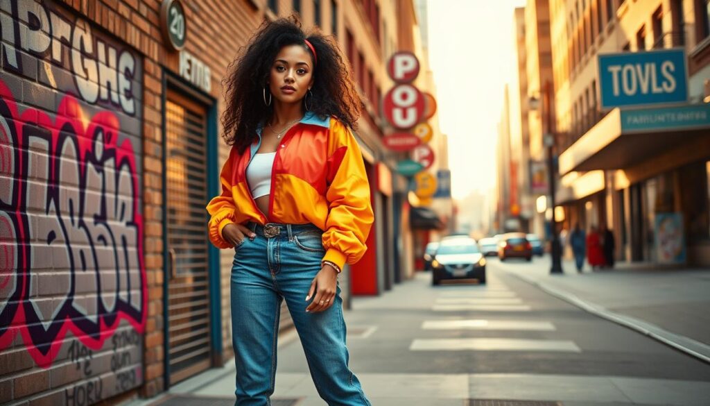 A stylish woman in a vibrant, 90s-inspired outfit stands confidently at the forefront, showcasing high-waisted jeans, a colorful windbreaker, and chunky white sneakers. Her hair is styled in large, voluminous waves, adorned with a trendy headband. In the middle ground, a lively urban scene reflects the vibrant colors of the decade, featuring graffiti art on brick walls and retro shop signs. A soft, warm sunlight bathes the scene, creating a nostalgic atmosphere reminiscent of 90s fashion ads. The background showcases city elements like vintage cars and bustling sidewalks, completing the feeling of a lively street in the 90s. The scene embodies a sense of empowerment and fun, celebrating iconic fashion trends while encouraging an appreciation for the past.
