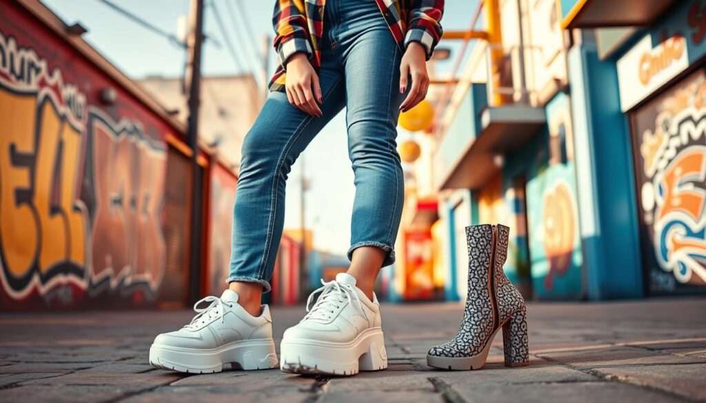 A stylish woman in her twenties stands confidently in a vibrant outdoor setting, showcasing iconic 90s footwear. She wears a cropped plaid flannel shirt and high-waisted mom jeans, embodying the casual cool of the era. Her bright white sneakers, chunky platform sandals, and patterned ankle boots are prominently displayed, emphasizing the diverse shoe trends of the 90s. The background features a retro urban landscape with graffiti art and colorful street elements, all bathed in warm, golden sunlight for a nostalgic atmosphere. Capture the scene from a slightly low angle to highlight her footwear and create an authentic 90s vibe, ensuring a lively and inviting mood that resonates with fashion enthusiasts.