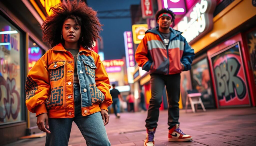 A vibrant 1980s fashion scene showcasing two stylish individuals in trendy outfits, both wearing iconic high-top sneakers. In the foreground, a woman sports bright, oversized denim jacket with bold geometric patterns and high-waisted acid-wash jeans; her hair is voluminous and crimped. Next to her, a man wears a colorful windbreaker, paired with tapered pants and chunky sneakers, complete with a headband. The middle ground features a busy urban street with retro storefronts and graffiti art. Bright neon lights bathe the scene in warm, vivid hues, capturing the energetic atmosphere of the 80s. The angle is slightly tilted, adding a dynamic feel, with a focus on the stylish footwear that epitomizes the transition from function to fashion.