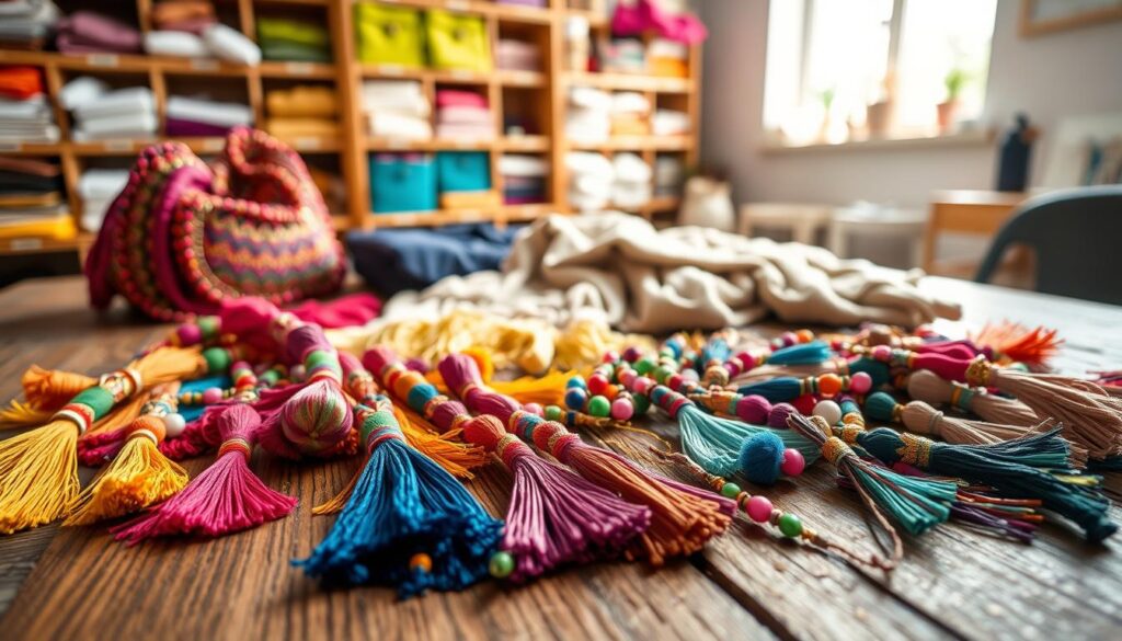 A vibrant, close-up image of assorted tassel embellishments spread out on a rustic wooden table. The foreground features colorful tassels of varying sizes and materials, such as silk, cotton, and metallic threads, each displaying intricate knotting and beads. In the middle, there are partially completed DIY projects, such as a beaded bag and a cozy throw blanket, showcasing how tassels can enhance various fashion items. In the background, softly blurred, a well-lit crafting space with shelves filled with sewing supplies and fabrics creates a warm, inviting atmosphere. The lighting is natural, streaming in from a window, casting gentle shadows that accentuate the textures of the tassels. The overall mood is creative and inspiring, inviting readers to explore their own DIY tassel projects.