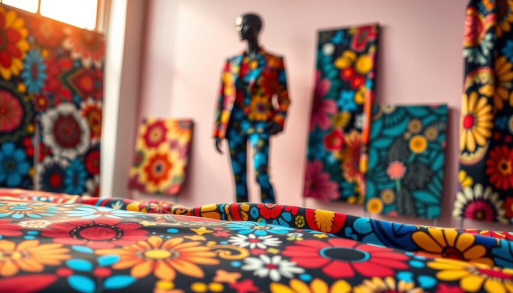 A vibrant display of bold print patterns fills the frame, featuring an array of geometric shapes, florals, and abstract designs in striking colors like deep reds, electric blues, and bright yellows. In the foreground, a beautifully arranged flat lay displays fabric swatches with these eye-catching prints, beautifully textured and layered. The middle ground showcases a mannequin dressed in fashionable attire that highlights these bold patterns, set against a soft, blurred pastel background that provides contrast. Natural lighting filters in from the left, creating a warm glow that accentuates the vibrancy of the patterns. The atmosphere is energized and stylish, reflecting the trendiness of the season while maintaining a professional and artistic flair. No text or watermarks are present, ensuring a clean presentation of the visual concept.
