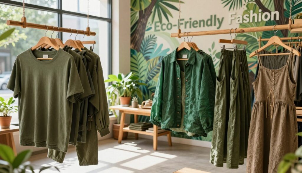 A vibrant display of eco-friendly apparel brands, showcasing a collection of clothing made from sustainable materials. In the foreground, hang a variety of stylish green garments on rustic wooden hangers: organic cotton t-shirts in olive, recycled polyester jackets in forest green, and hemp dresses in earthy tones. In the middle ground, create a serene boutique atmosphere with natural lighting filtering through large windows, casting soft shadows on the floor. A potted plant sits beside a wooden table, enhancing the eco-conscious vibe. In the background, display a mural featuring nature-inspired designs and the text "Eco-Friendly Fashion" integrated artistically. The overall mood is fresh, inspiring, and devoted to sustainability, inviting viewers to explore the future of fashion.