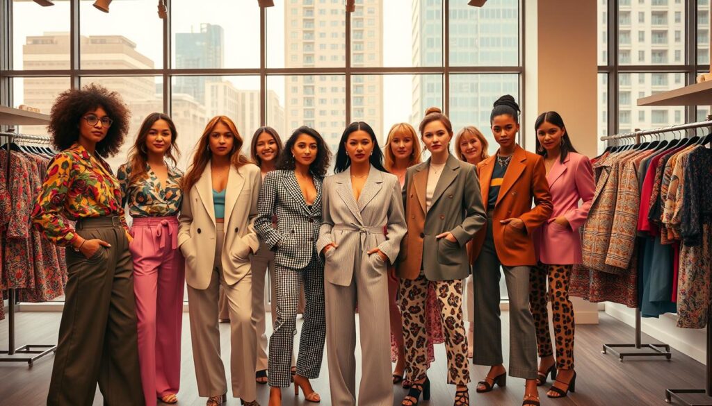 A vibrant scene capturing popular fashion designs inspired by nostalgia. In the foreground, a diverse group of models showcases outfits that blend vintage styles with modern flair, featuring high-waisted trousers, oversized blazers, and pastel colors. The middle ground includes a boutique setting, with racks displaying retro patterns and textures reminiscent of the 70s and 90s. Soft, warm lighting creates an inviting atmosphere, highlighting the intricate details of the garments. The background features large windows with chic city views, enhancing the modern nostalgia theme. The overall mood is one of celebration and inspiration, embodying the fusion of past and present in fashion design. The image should maintain a professional tone without any text overlays or distractions.
