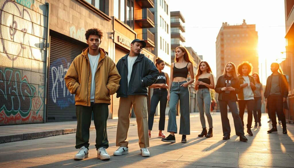 A vibrant street scene showcasing a diverse group of individuals wearing the latest gender-neutral fashion trends. In the foreground, two models, one male and one female, are dressed in oversized, stylish unisex jackets, wide-legged trousers, and modern sneakers. They embody a confident and relaxed vibe, with their outfits featuring bold colors and unique patterns. In the middle ground, a small group of friends chats, each sporting an eclectic mix of androgynous styles, such as layered tops and structured accessories, adding to the atmosphere of inclusivity. The background features a trendy urban setting with graffiti art and contemporary architecture, bathed in warm, golden sunlight during the golden hour, creating an inviting and artistic mood. The image captures the essence of modern fashion with a focus on self-expression and individuality.