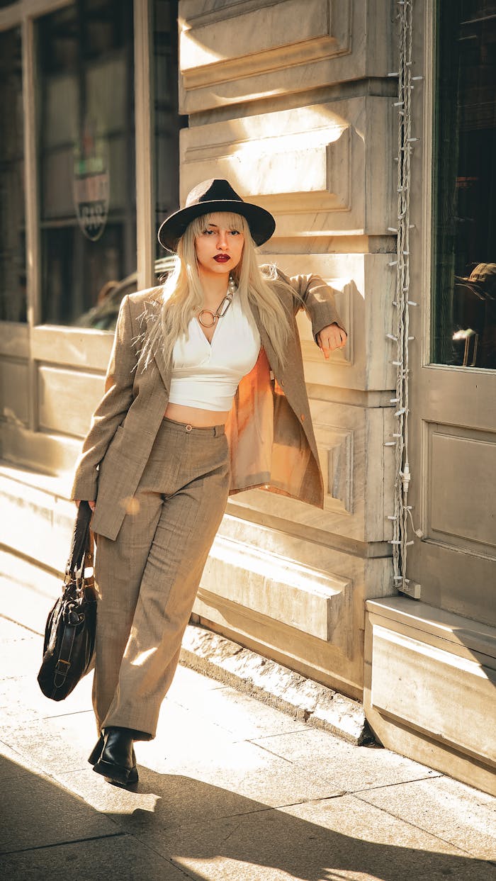 Stylish woman in suit and hat leans against urban wall, exuding confidence and elegance in sunlight.